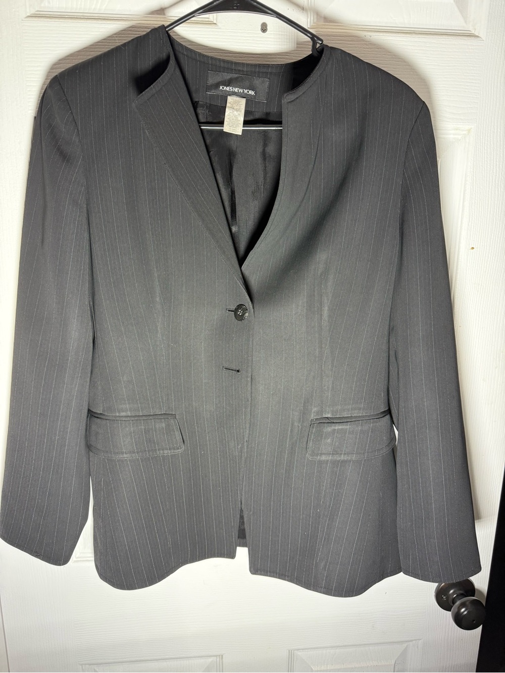 Jones New York Women’s Black Pinstripe Collarless Blazer and Pants- 2pc suit